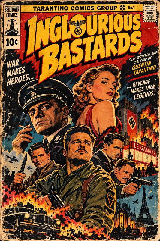 Retro distressed vintage comic book cover for Quentin Tarantino's Inglourious Basterds featuring ...