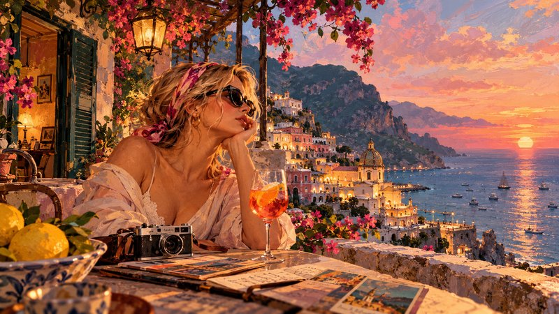 Woman relaxing at a cliffside Amalfi Coast terrace overlooking the Mediterranean at golden sunset