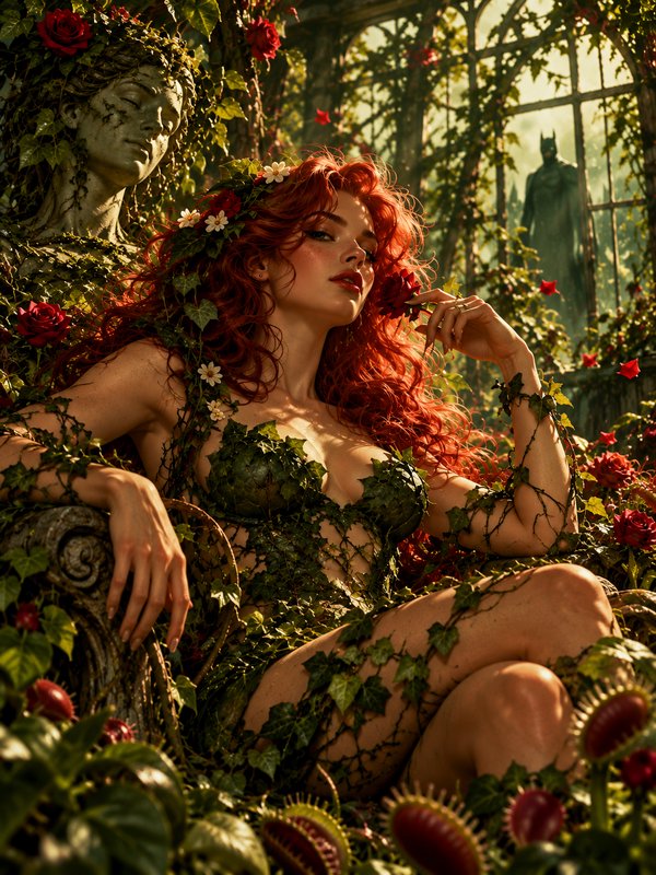 Poison Ivy reclines in an overgrown rose-filled greenhouse, holding a red rose with a distant Batman statue in the background