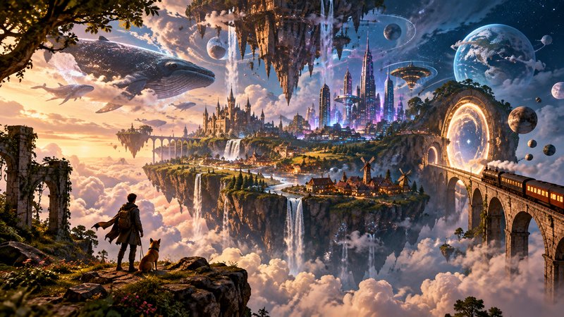 Hiker with dog stands on a cliff overlooking a surreal floating fantasy realm with sky whales, po...