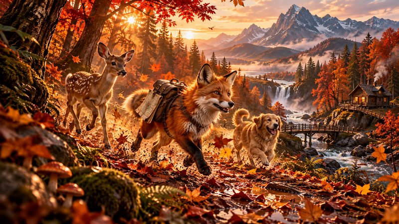Saddled adventure fox runs with a fawn and golden retriever through a sunlit autumn mountain valley