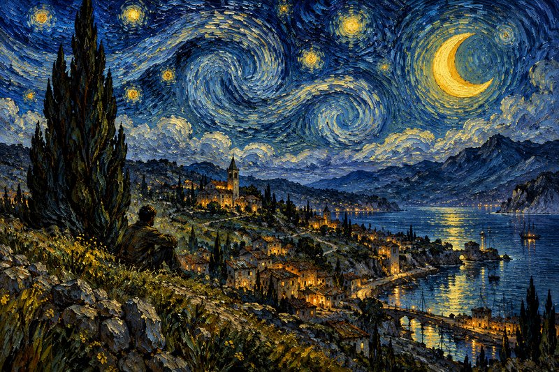 Van Gogh-style starry night landscape overlooking a glowing coastal village and moonlit bay