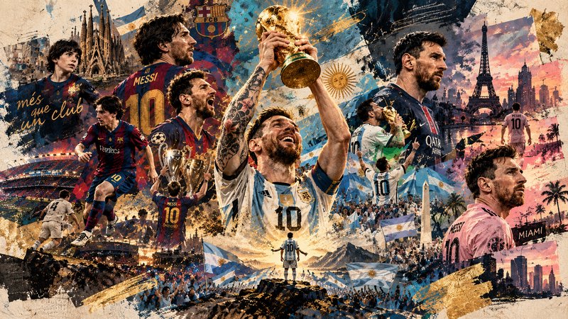 Dynamic collage of Lionel Messi's career milestones, centered on him holding aloft the FIFA World...