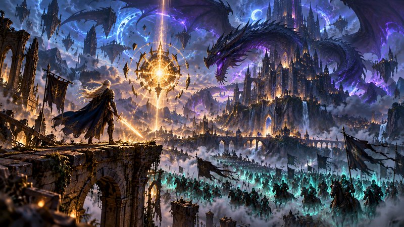 Armored fantasy hero with glowing sword faces a giant shadow dragon overlooking an undead army and floating magical kingdom