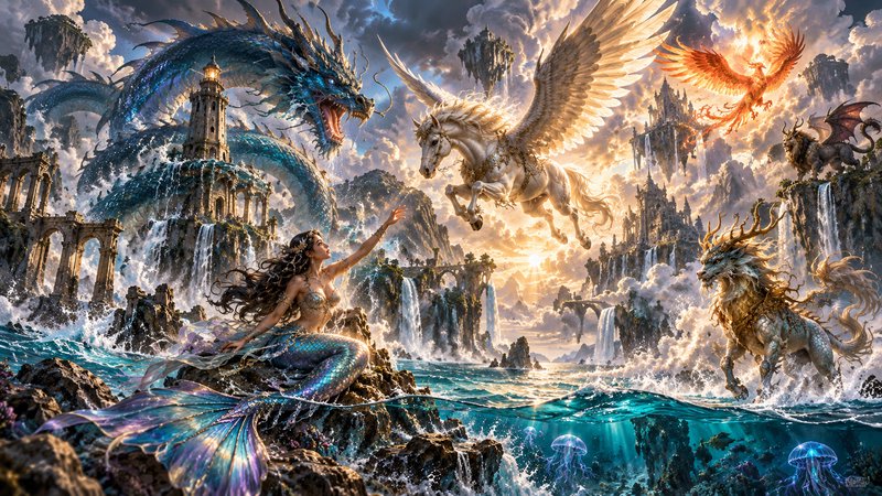 Iridescent mermaid perched on coastal rock surrounded by mythical fantasy creatures above a floating archipelago
