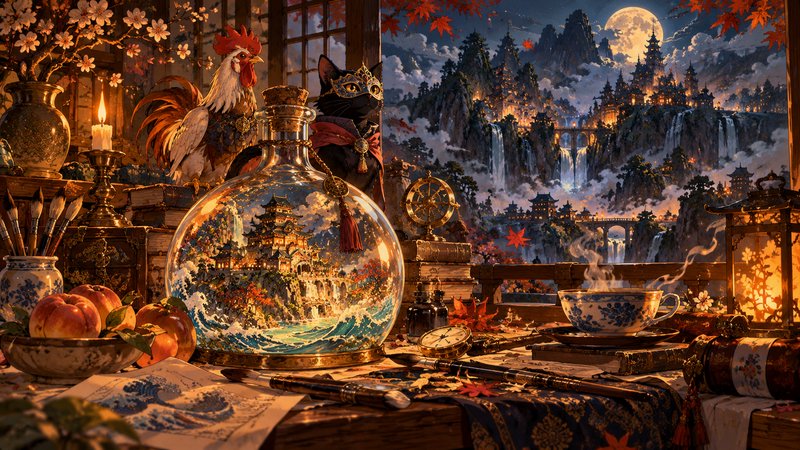 Glass orb holding a miniature pagoda landscape sits on a desk overlooking a moonlit fantasy mountain village
