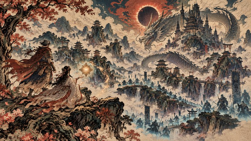Samurai warrior and robed mage stand on a cliff facing a giant eastern dragon over a fantasy East Asian kingdom during a