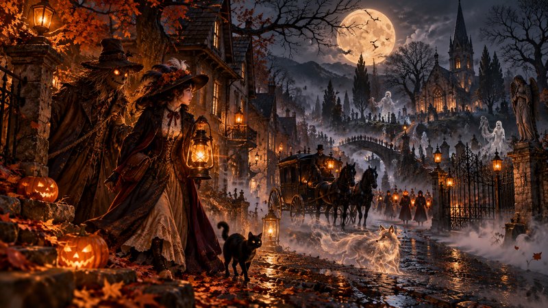 Victorian woman with a lantern stands on a misty Halloween village street under a glowing full harvest moon