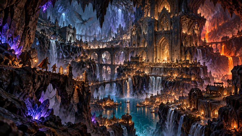 Sprawling underground dwarven fantasy city built inside a glowing crystal cave with waterfalls, stone bridges, and flying