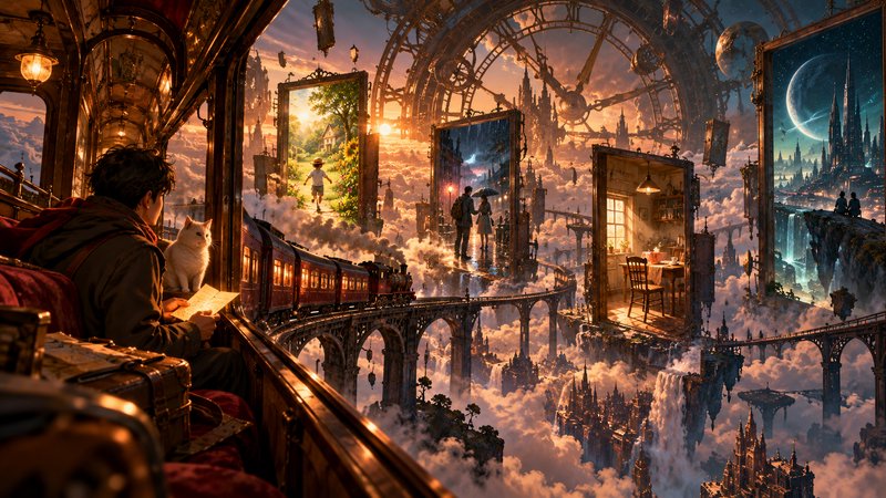 Traveler with a white cat looks out from a steampunk train at a surreal floating portal city above the clouds