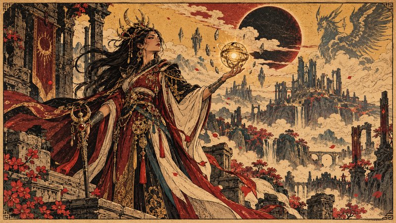 Regal crowned fantasy empress holds a glowing orb overlooking ancient ruins under a solar eclipse