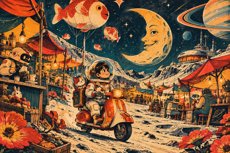 Young astronaut boy rides a scooter with his cat through a whimsical snowy lunar night market