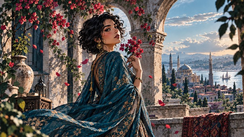 Elegant woman in a teal embroidered gown holding pink flowers on a stone terrace overlooking Ista...