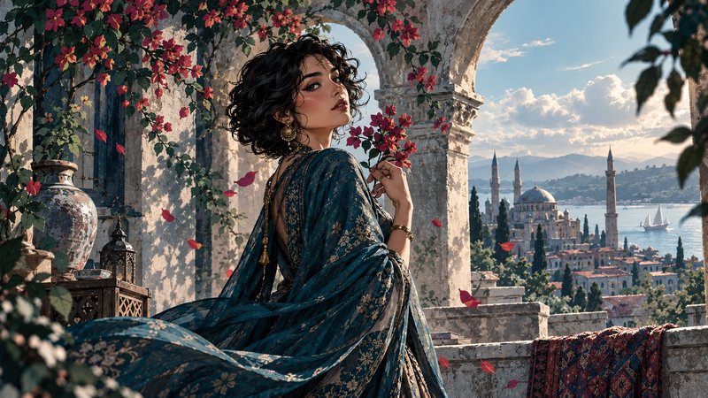 Elegant woman holding pink bougainvillea stands on a stone terrace overlooking a historic waterfr...