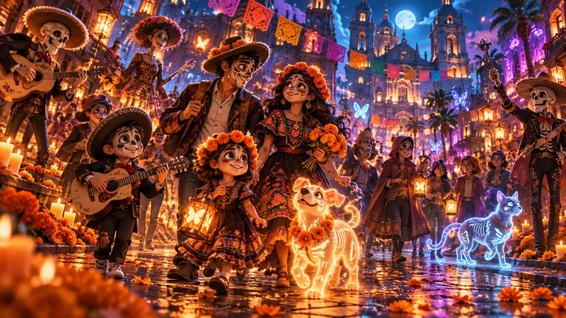 Joyful animated family in sugar skull makeup walk through a glowing Day of the Dead street parade...