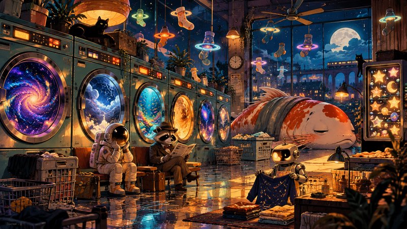 Surreal cosmic laundromat with galaxy-filled washing machines, astronaut, raccoon, robot, and gia...