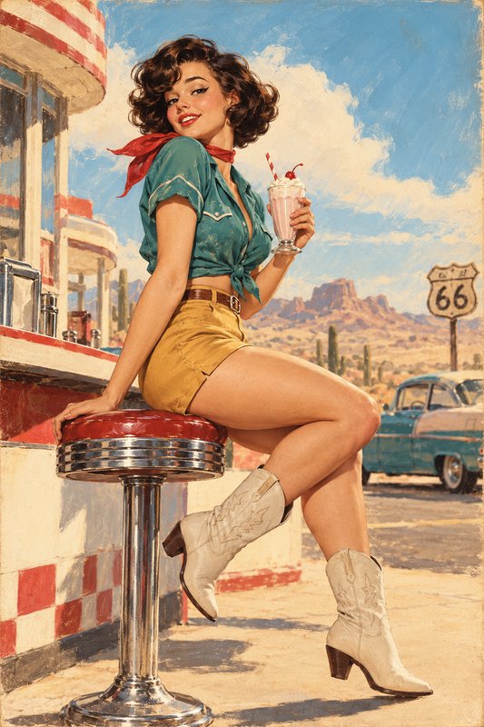 Retro pinup cowgirl holding a cherry milkshake sits on a diner stool outside a Route 66 desert ro...