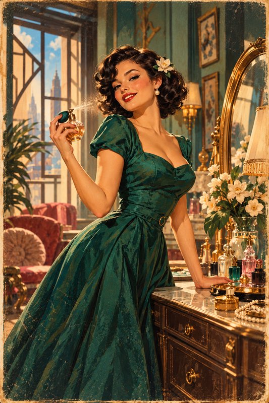 Retro 1950s woman in an emerald satin gown spritzing perfume beside her gilded bedroom vanity