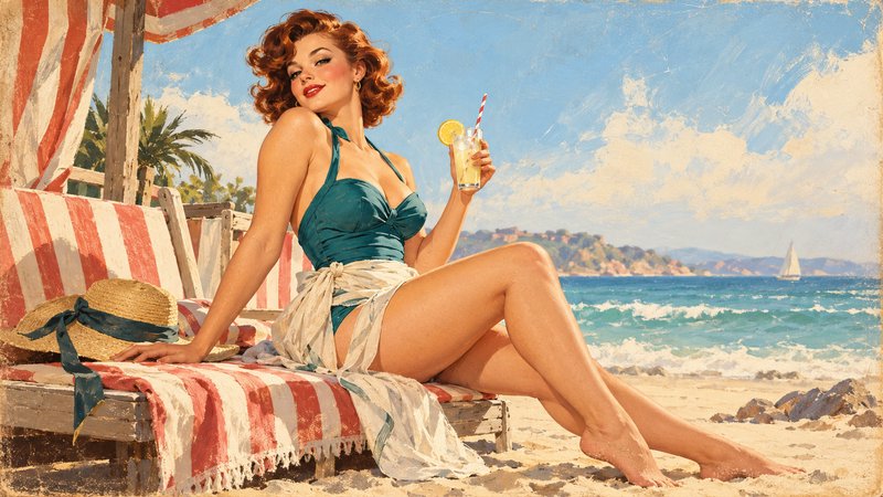 Curly redhead retro pinup woman holds a lemon cocktail while lounging on a striped beach chair at...