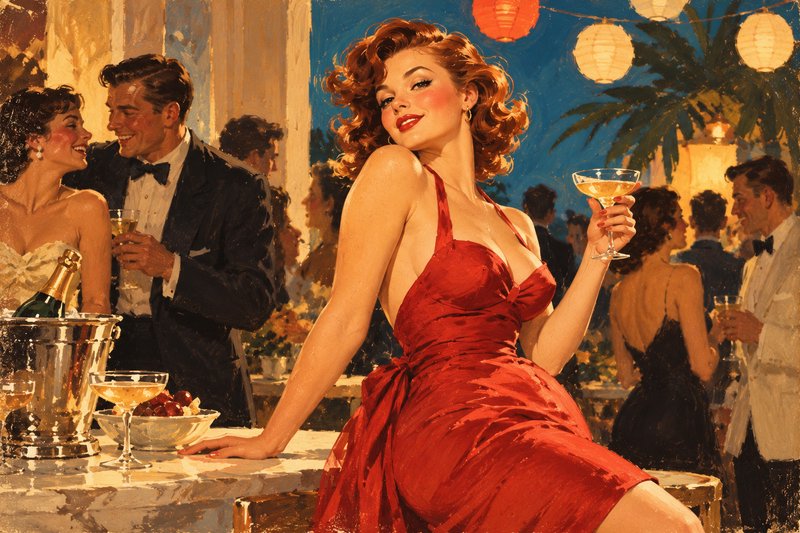 Glamorous red-haired woman in a scarlet gown holds champagne at a retro evening rooftop party