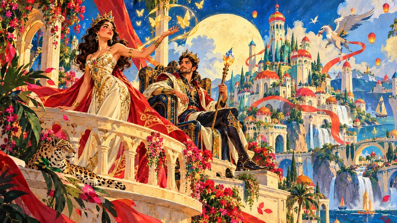 Regal fantasy king and queen stand on a flowered palace balcony overlooking a magical fairytale k...