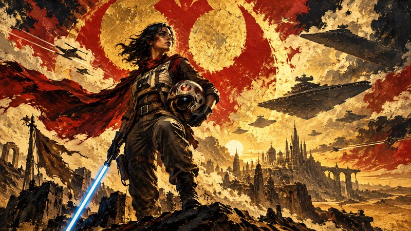 Fierce Star Wars rebel fighter holds a blue lightsaber and pilot helmet overlooking a besieged al...