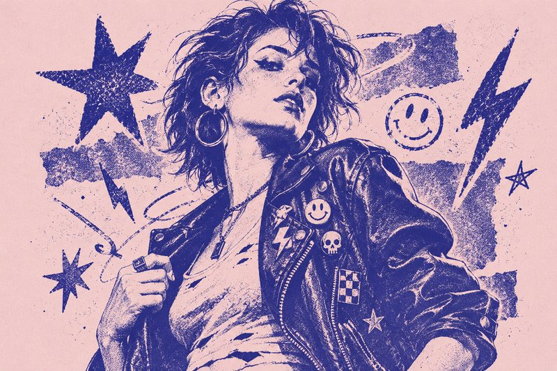 Retro grunge illustration of a punk woman in a patched leather jacket framed by 90s graphic symbols