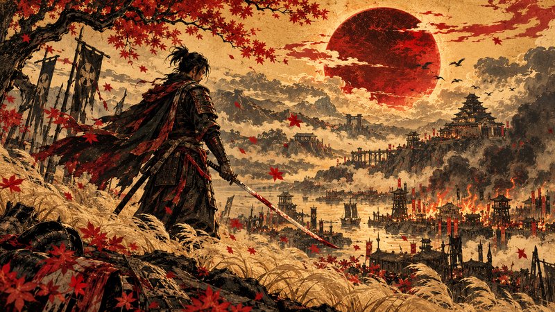Lone armored samurai with a bloodied katana overlooks a burning feudal battlefield under a red bl...