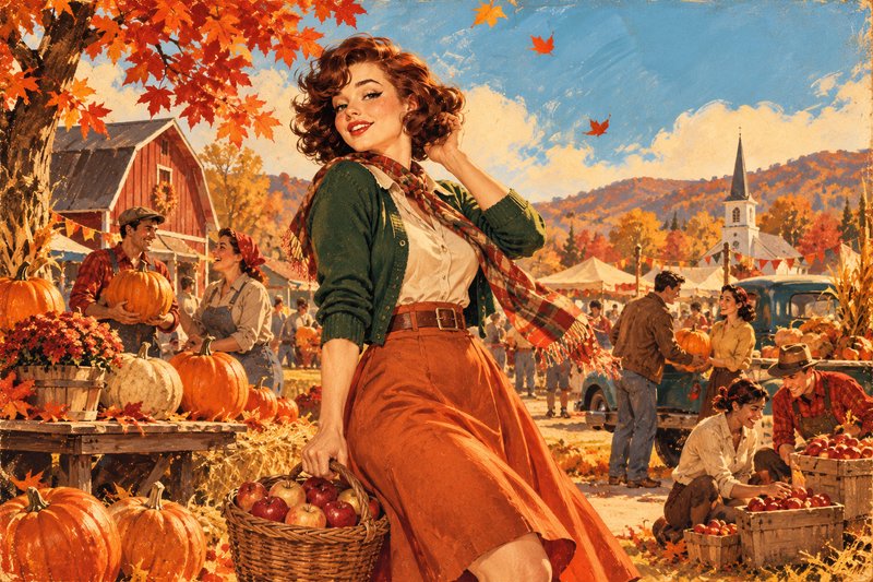 Smiling retro woman holding an apple basket at a bustling small town autumn harvest fair