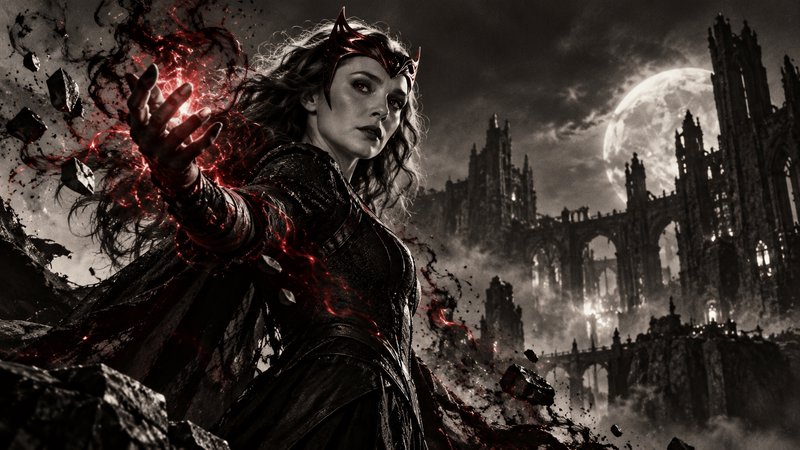Scarlet Witch conjures glowing red magic standing before a gothic castle under a large full moon