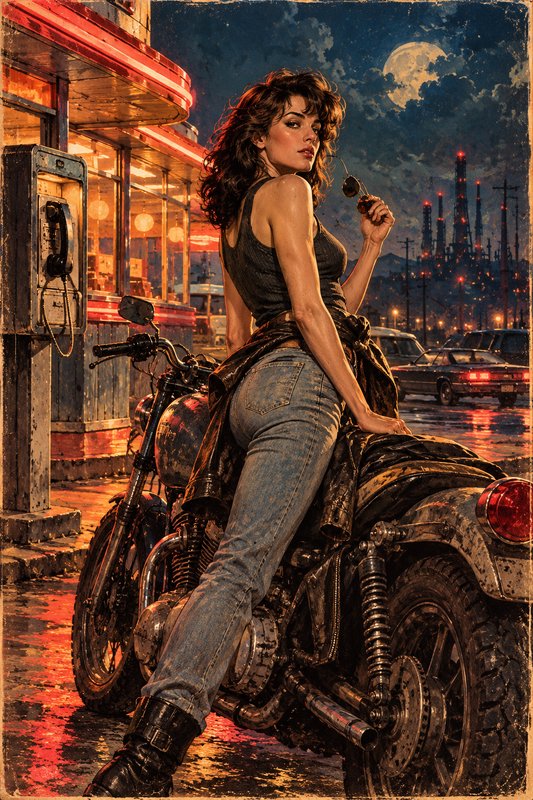 Woman posing on a vintage motorcycle outside a neon lit roadside diner on a rainy moonlit night
