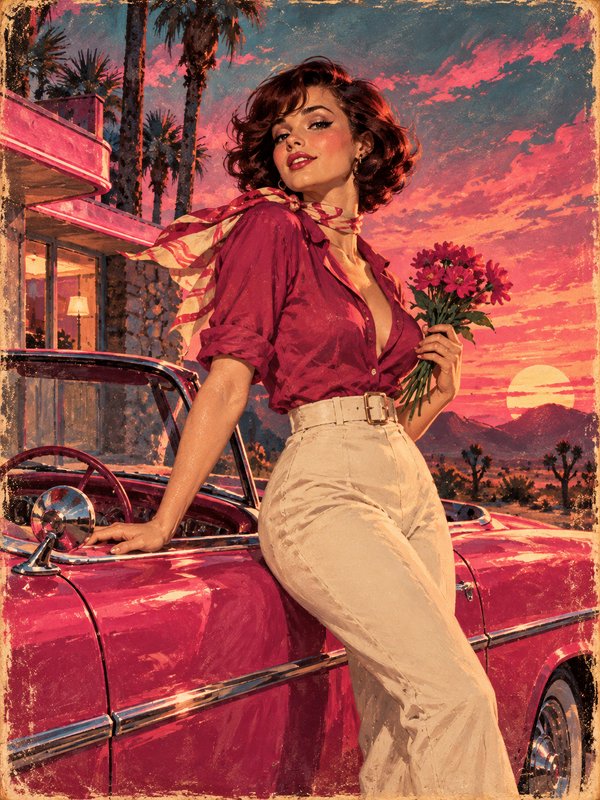 Retro 1950s pinup woman leaning on a pink classic convertible holding flowers at desert sunset