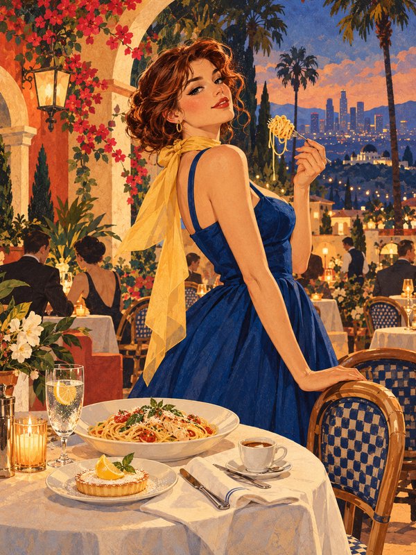 Elegant woman in a blue dress holds spaghetti aloft at a sunset rooftop restaurant overlooking a ...