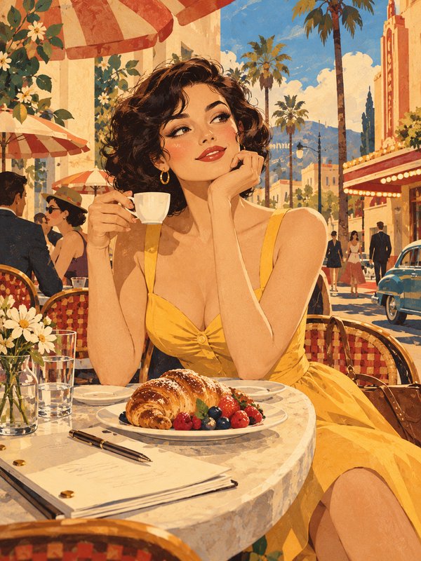 Glamorous woman in a yellow dress holds a coffee cup at a sunny retro sidewalk cafe table