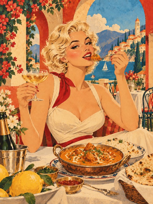 Glamorous retro blonde woman eats curry and drinks wine at a sunlit Mediterranean seaside terrace