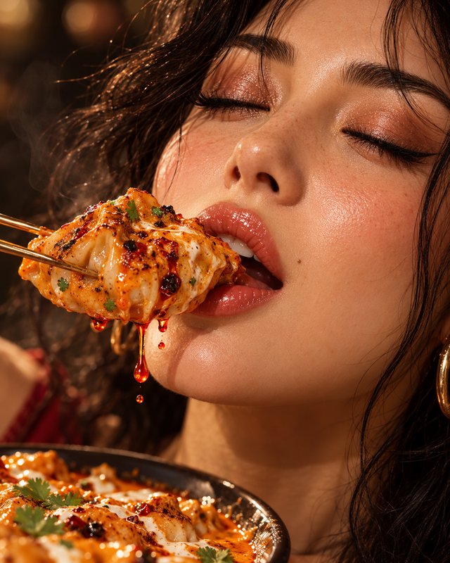 Woman about to bite into a saucy spiced dumpling held with golden chopsticks, sauce dripping down