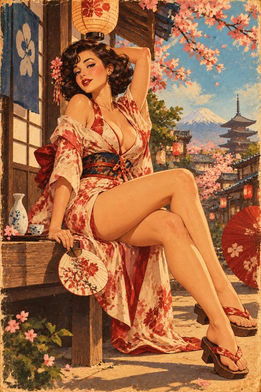 Vintage pinup woman in a cherry blossom kimono sits on a Japanese veranda with Mount Fuji and sak...