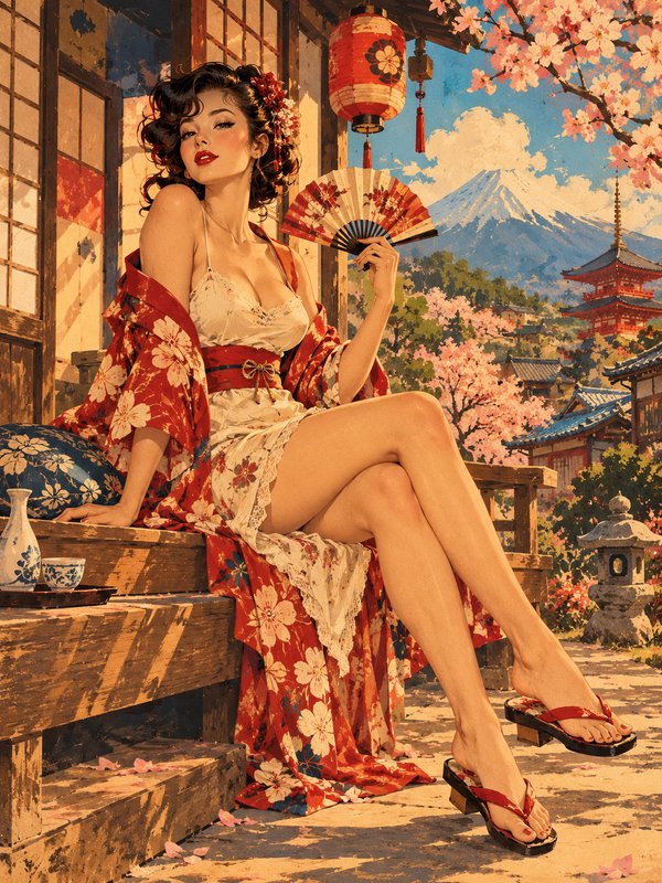 Glamorous woman holding a folding fan sits on a Japanese veranda with Mount Fuji and cherry bloss...