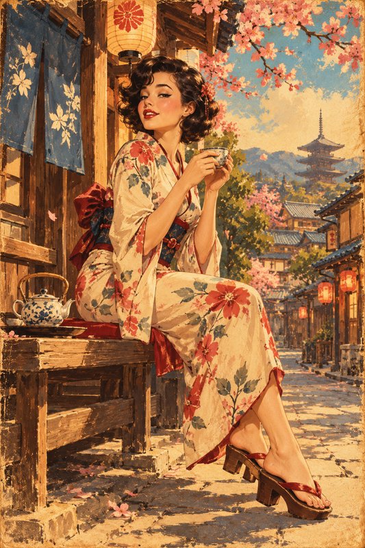 Smiling woman in a floral kimono holds a teacup while seated on a sunlit traditional Japanese sak...