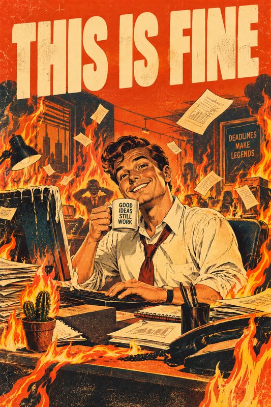 Smiling office worker sips coffee as his burning office displays bold "THIS IS FINE" text overhead
