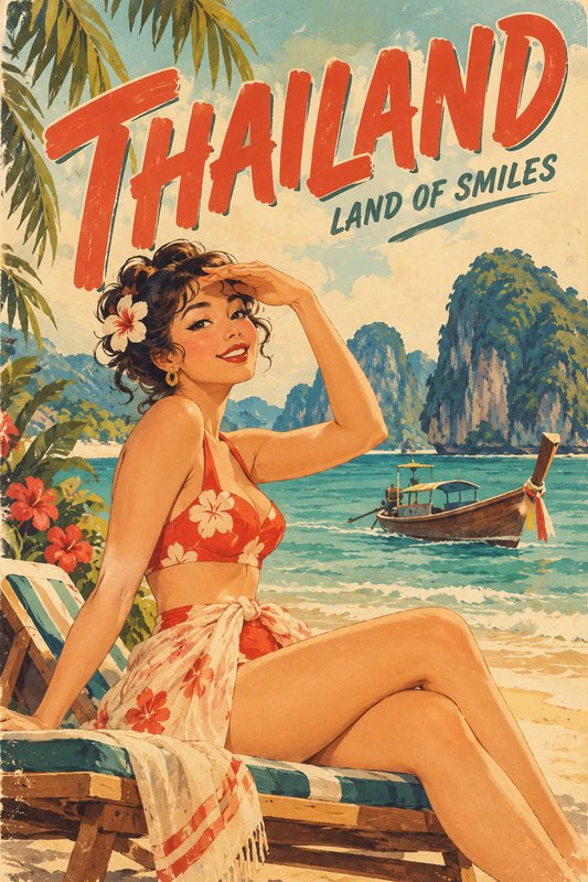 Retro vintage Thailand travel poster showing a smiling woman relaxing on a sunny tropical beach