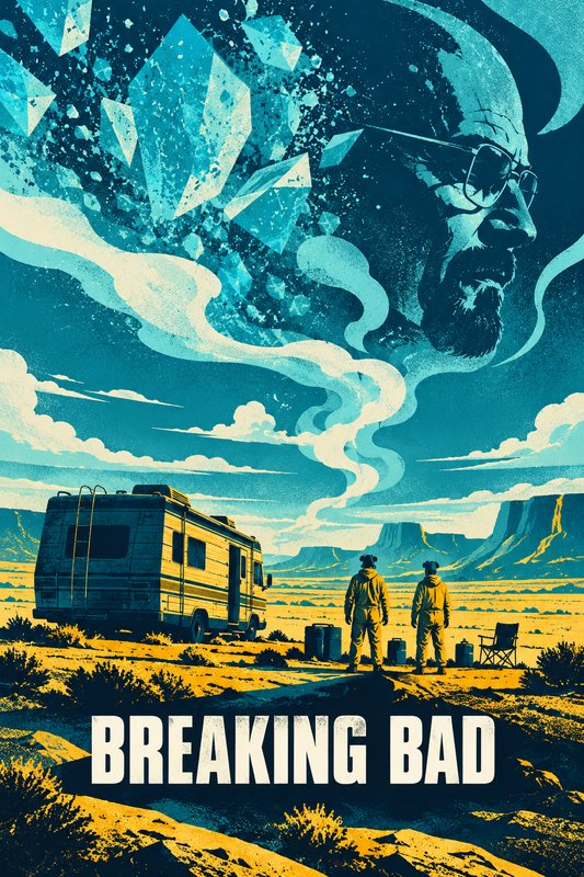 Stylized Breaking Bad poster featuring hazmat suited figures, desert RV lab, and floating Walter ...