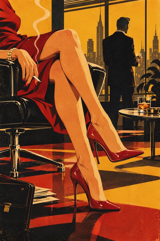 Retro noir illustration of a woman in red stilettos lounging in a high rise office at sunset