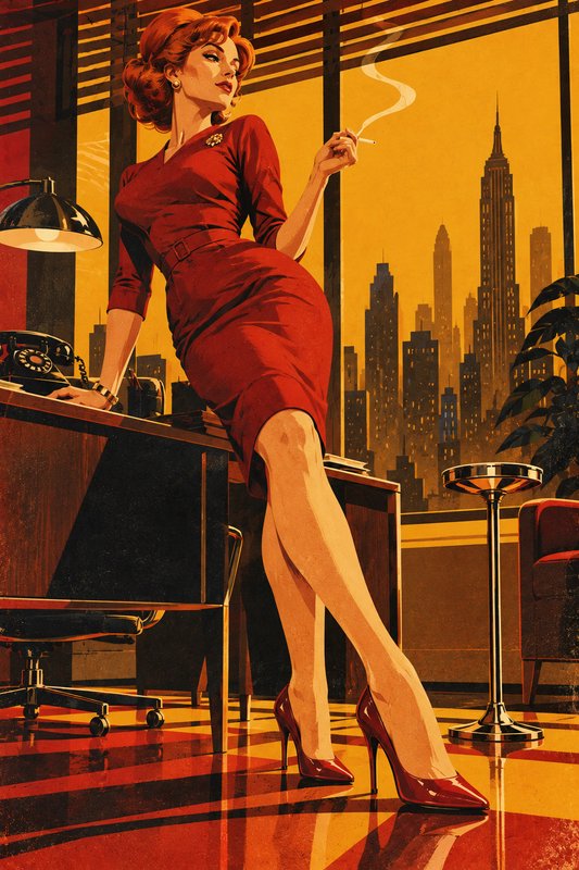 Glamorous 1950s woman in a red dress leans on an office desk holding a cigarette, Manhattan skyli...