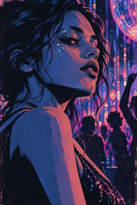 Illustrated portrait of a glitter-makeup woman standing under a glowing disco ball at a neon nigh...
