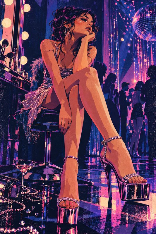 Glamorous pensive woman in a sequined dress sits on a bar stool under a disco ball at a neon lit ...