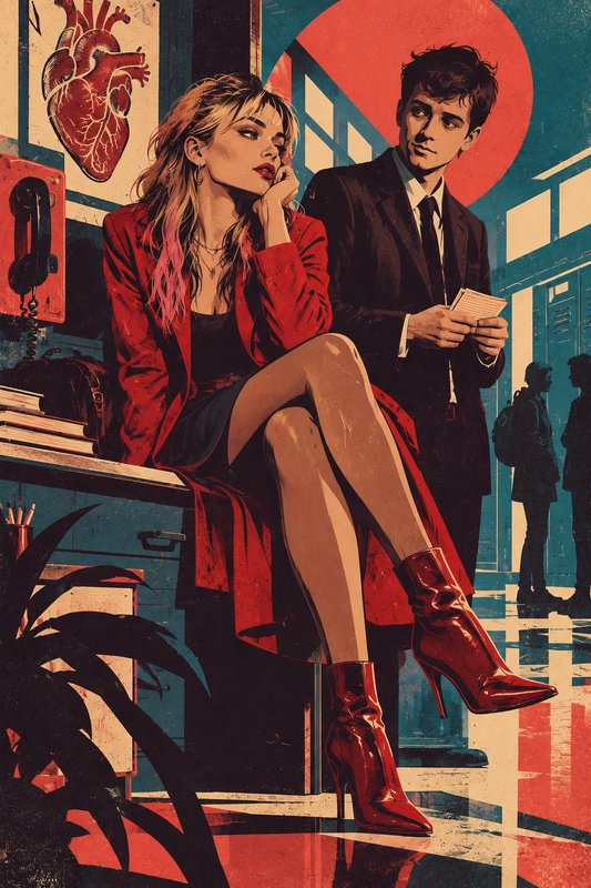 Retro pop art illustration of a pensive woman in red coat perched on a school desk next to a suit...