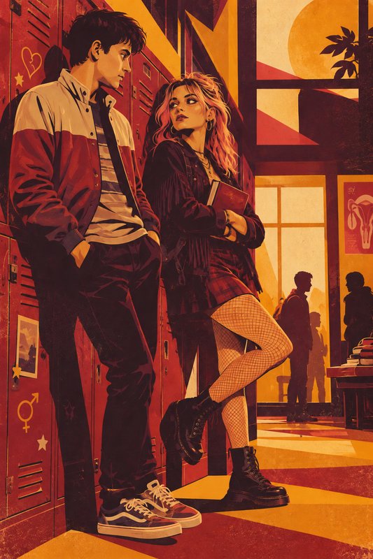 Stylized illustration of a teen boy and pink-haired girl leaning against high school lockers in a...