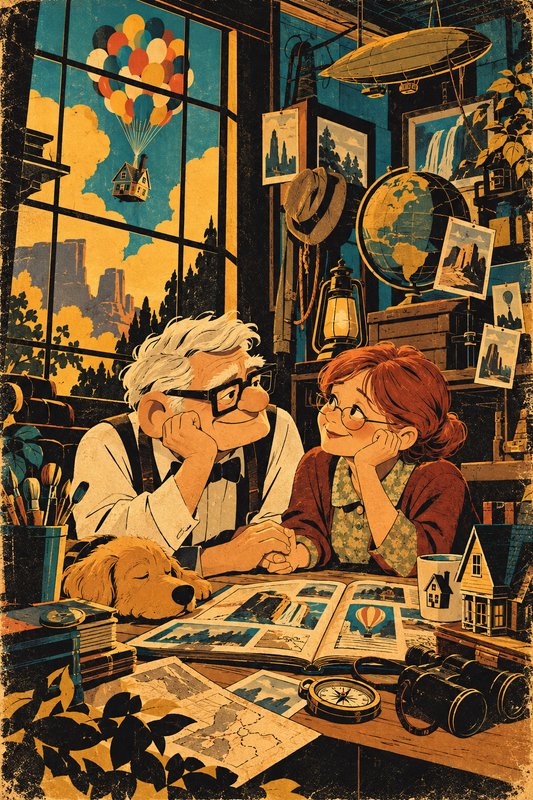 Elderly cartoon couple hold hands at a travel desk, the iconic Up balloon house floating outside ...