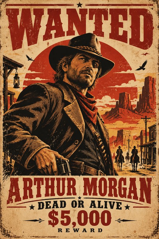 Distressed vintage wild west wanted poster for outlaw Arthur Morgan set against a desert frontier...